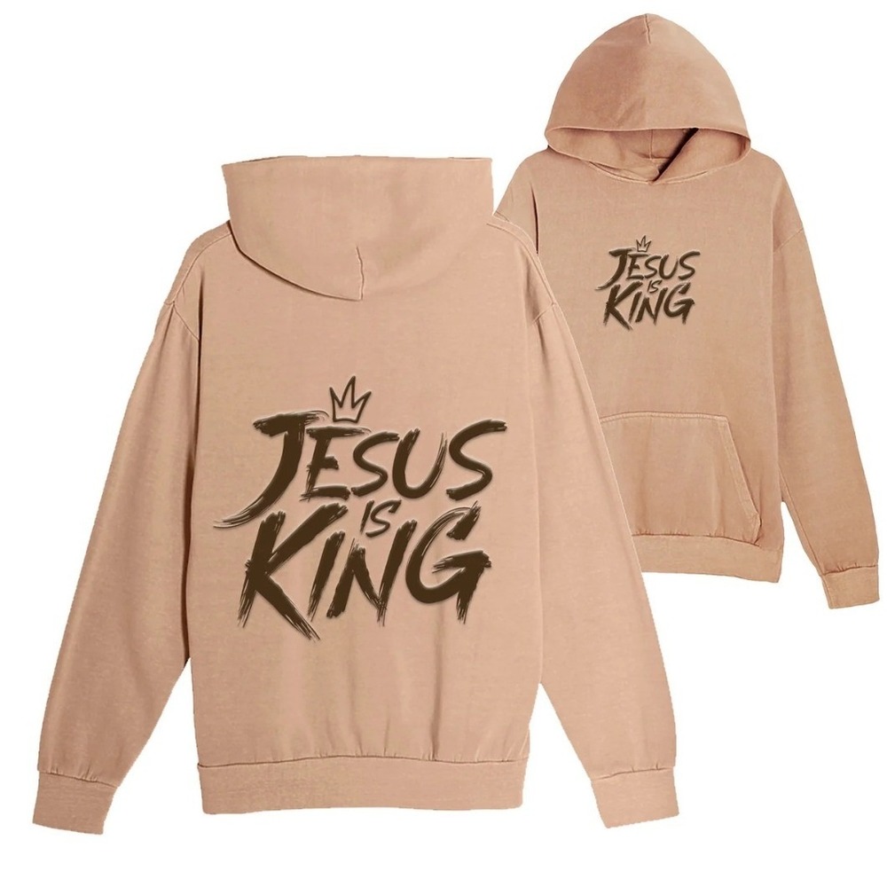 GLO Jesus Is King Tan Garment Dyed Puff Hoodie 2XL Mens Streetwear Sweatshirt